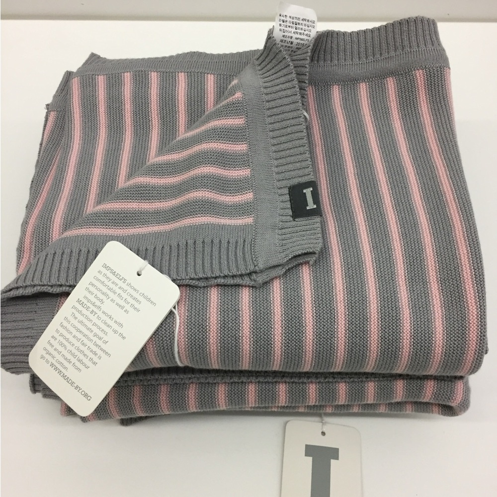 🆕 Imps & Elfs Gray and Pink Striped Knit Organic Cotton Baby Blanket